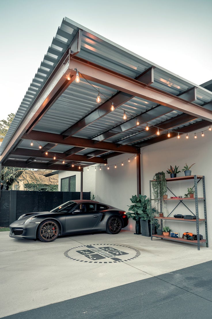 A steel-framed carport with a sloped metal roof and festoon lighting, covering a car beside a house